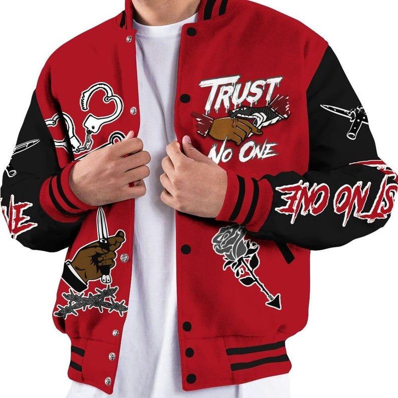 Bred Velvet 11s Varsity Jacket, Trust No One Dripping Varsity Jacket, Baseball Jacket Printing Fashion Casual Baseball Jacket Sweatshirt - Jacket  Jacket Sweatshirt Cardigan Hip Hop Baseball Uniform Men Sports - Jacket