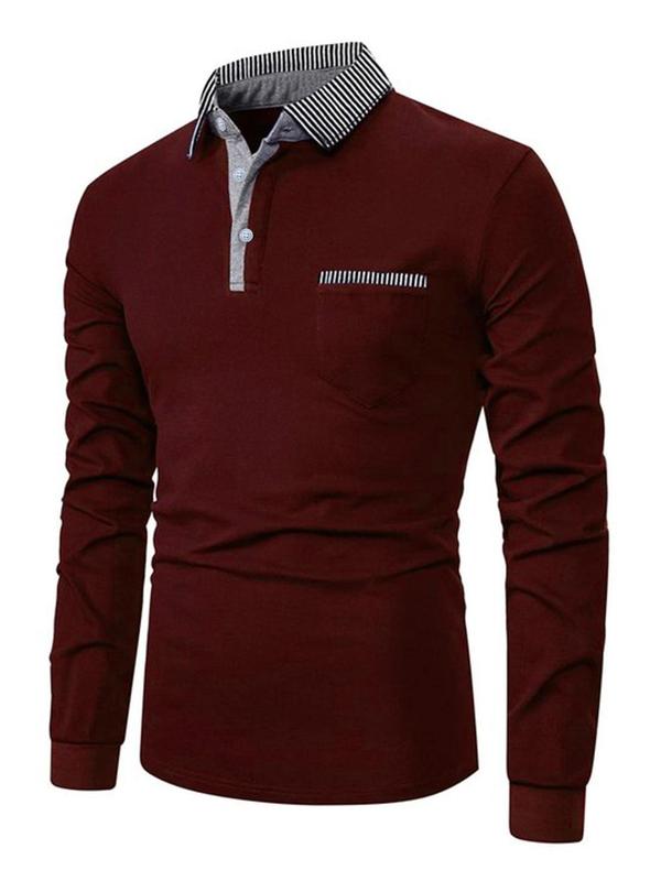 Men's Slim Patchwork Print Button Front Polo Shirt, Casual Long Sleeve Pocket Top for Spring & Fall, Men's Clothes