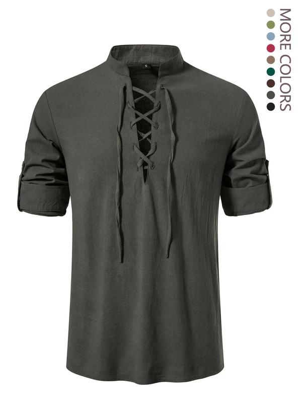 Men's Vintage Solid Lace Up Long Sleeve Henley Shirt, Shirts for Men, Regular Fit Streetwear Comfort Stand Collar Tie Front Top, 4th Of July Shirts, Back To School Clothes, Men's Summer Clothes for All Seasons, Fall Outfits, Earthtone Fallfreshness