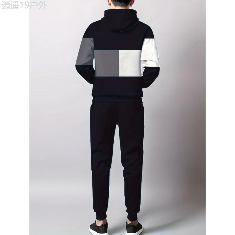 2pcs Men's Plus Size Casual Hoodie Tracksuit, Color Block Hooded Sweatshirt & Pant Set Clothing Fabric