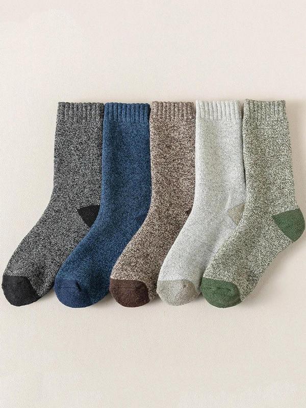 Men's Solid Mid-calf Socks, 5 Pairs Casual Comfy Warm Socks for Daily Outdoor Wear, Men Socks for All Seasons