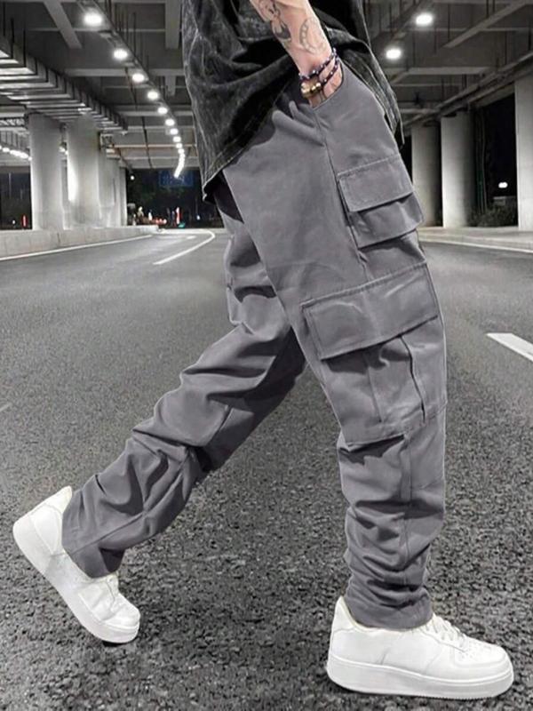 Men's Solid Drawstring Waist Cargo Pants, Street Fashion Casual Pocket Elastic Waist Trousers for Daily Wear, Men's Bottoms for All Seasons, 2000s Pants, Pants for Men, Mens Pants, Summer Outfits 2024, 90s Clothes