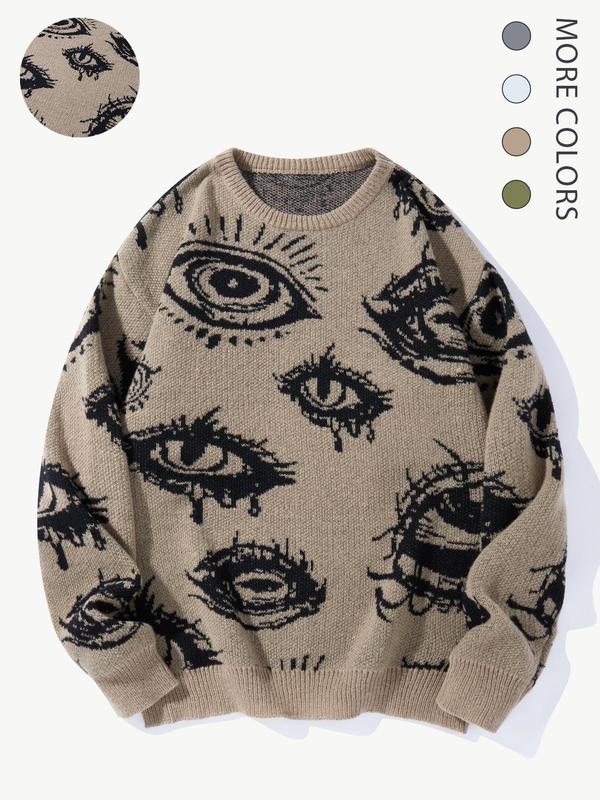 Men's Eye Print Round Neck Sweater, Regular Fit Casual Long Sleeve Crew Neck Jumper for Fall & Winter, Fall Sweaters, Fashion Men's Knitwear for Daily Wear Graphic Sweater