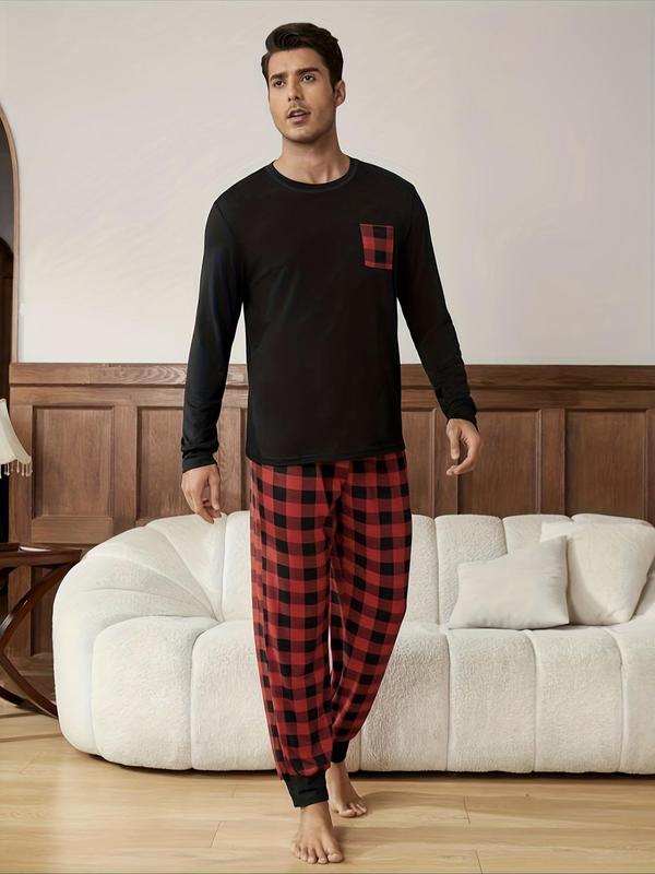 Two-piece Set Men's Pocket Tee & Plaid Pants Pyjama Set, Regular Fit Casual Comfy Round Neck Long Sleeve T-shirt & Trousers Pj Set, Men's Sleepwear for Spring & Fall