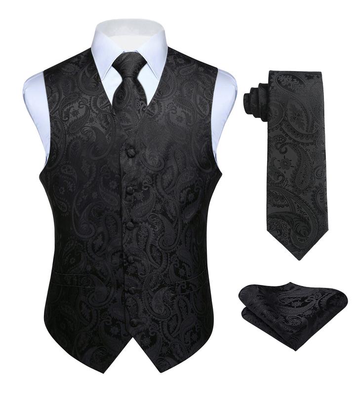 Mens Vest  3PC Formal Waistcoat Paisley Floral Jacquard Necktie Pocket Square Suit Vests Clothing Menswear