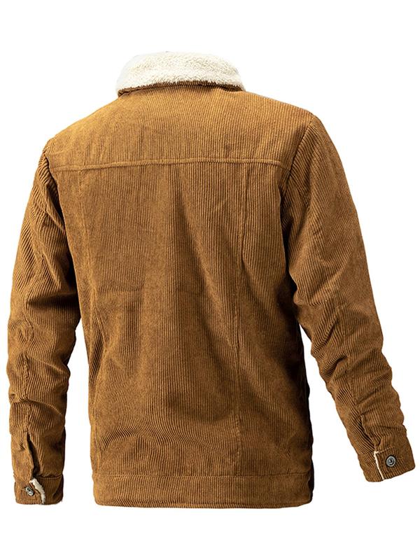 Men's Solid Button Front Pocket Corduroy Jacket, Regular Fit Casual Long Sleeve Collared Thermal Lined Outerwear for Fall & Winter, Men's Clothes for Daily Wear