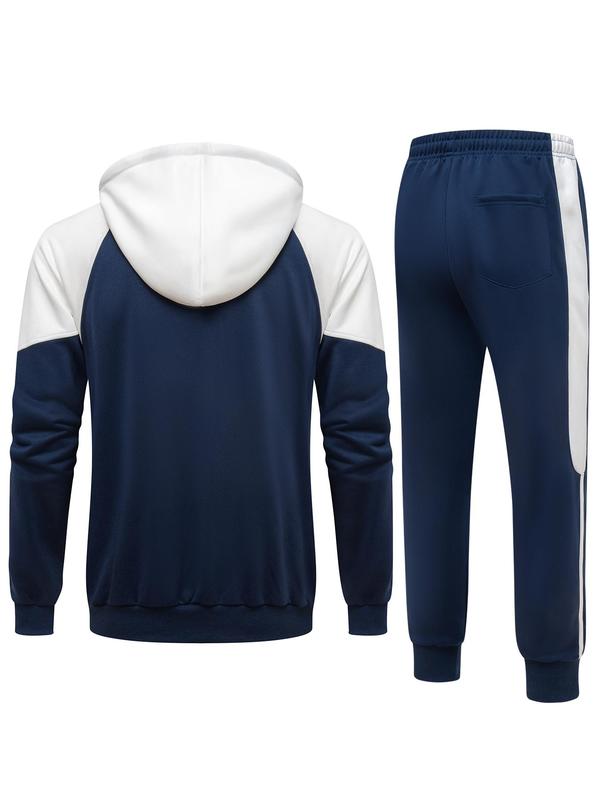 Men's Colorblock Zip Up Drawstring Hoodie & Drawstring Waist Pants Two-Piece Set, Regular Fit Casual Raglan Sleeve Hooded Sweatshirt & Pocket Trousers for Fall & Winter, Men's Two-piece Outfits for Daily Wear