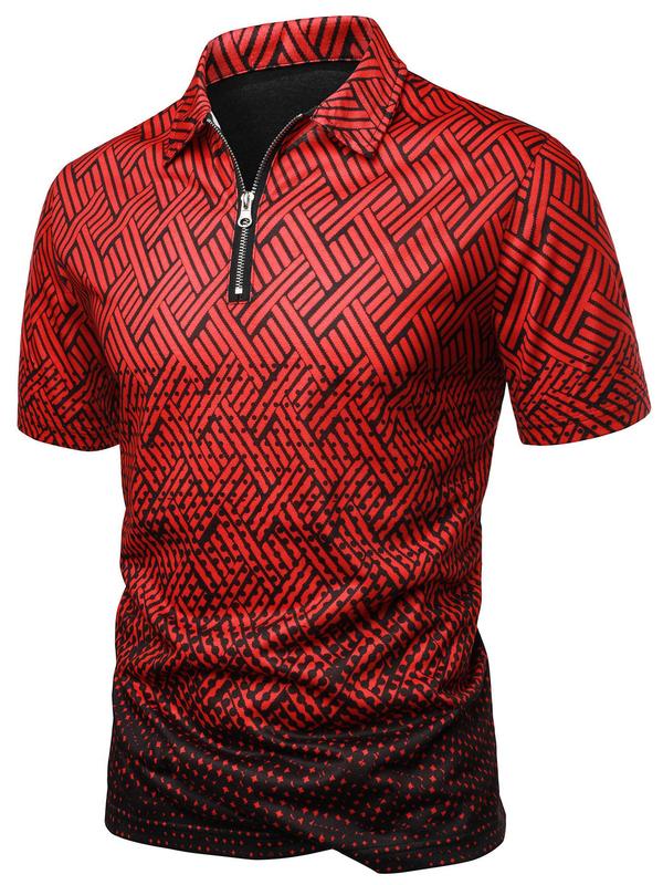 Men's Colorblock All Over Print Zipper Polo Shirt, Regular Fit Casual Short Sleeve Top for Summer, Fashion Men's Clothes for Daily Wear