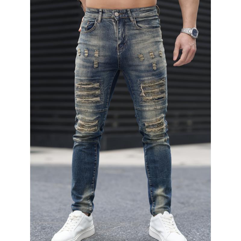 Stylish Gradient Ripped Skinny Jeans - Soft Cotton Blend, Slim Fit, Casual Street Style, Perfect for Spring Summer, Men's Fashion Essential