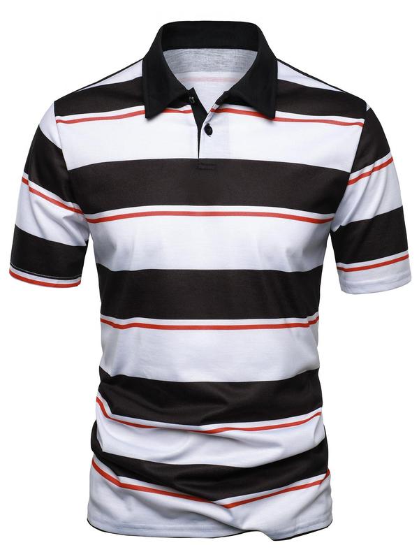 Men's Striped Print Short Sleeve Polo Shirt, Casual Regular Fit Button Front Collar Top for Summer, Fashion Men's Clothes for Daily Wear