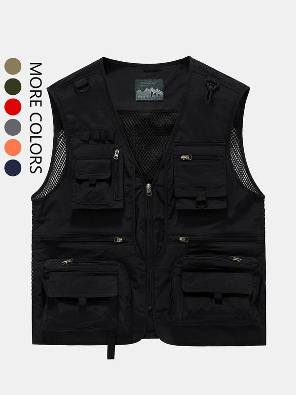 Men's Solid Multi-pocket Zipper Gilet, Loose Casual Street Fashion Hollow Out V Neck Vest Jackets for Spring & Summer, Men Designer Clothes for Daily Wear,  Men's Clothing