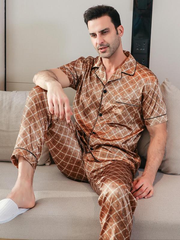 Men's Plaid Print Satin Pyjama Set, Button Front Lapel Shirt & Pants Pj Set, Casual Comfortable Men's Sleepwear & Loungewear Set for Summer