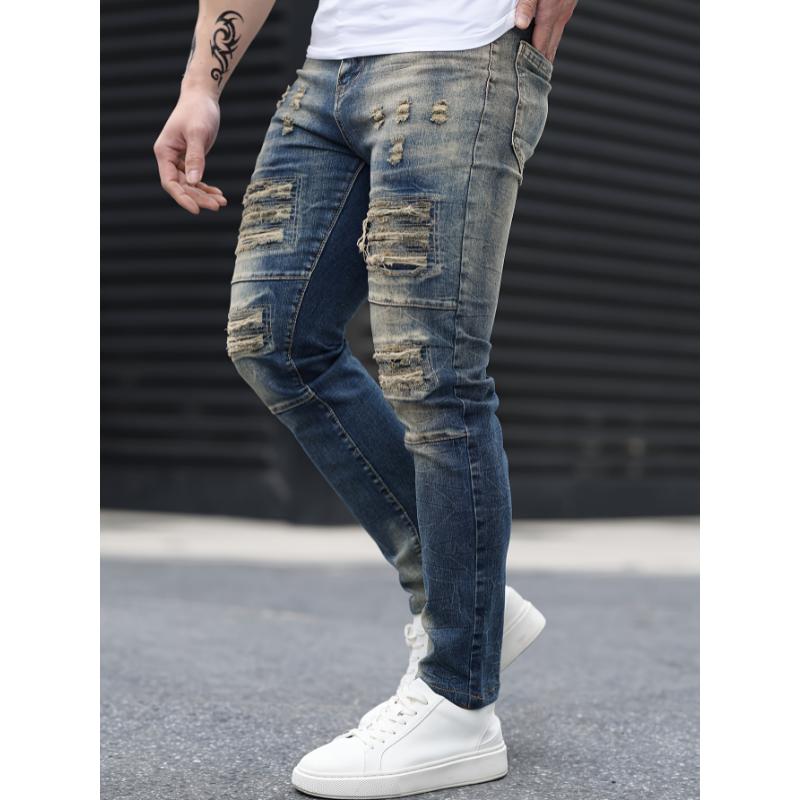 Stylish Gradient Ripped Skinny Jeans - Soft Cotton Blend, Slim Fit, Casual Street Style, Perfect for Spring Summer, Men's Fashion Essential