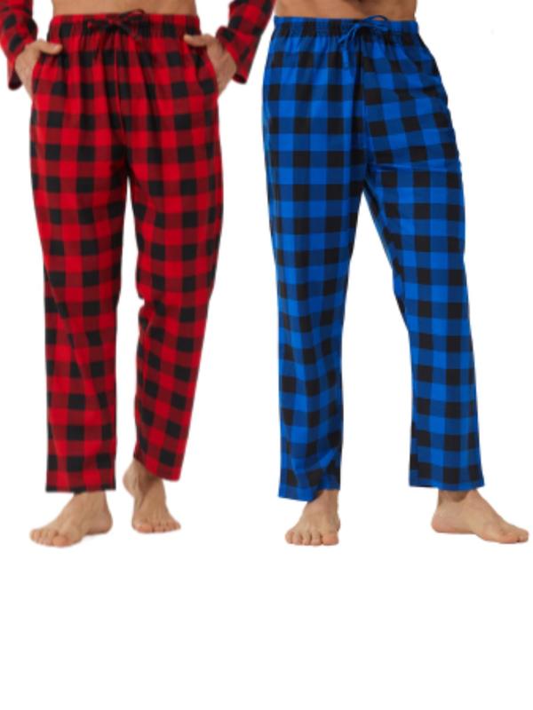 Men's Plaid Print Tie Front Lounge Pants, Casual Comfy Pocket Design Sleep Pants for Daily Wear, Men Sleepwear for All Seasons