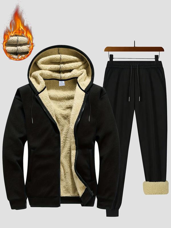 Two-piece Set Men's Solid Zip Up Fleece Lined Hooded Jacket & Drawstring Waist Sweatpants, Regular Fit Casual Long Sleeve Outerwear & Elastic Waist Trousers for Fall & Winter, Men's Clothes for Daily Wear