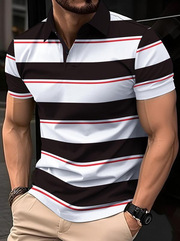 Men's Striped Print Short Sleeve Polo Shirt, Casual Regular Fit Button Front Collar Top for Summer, Fashion Men's Clothes for Daily Wear