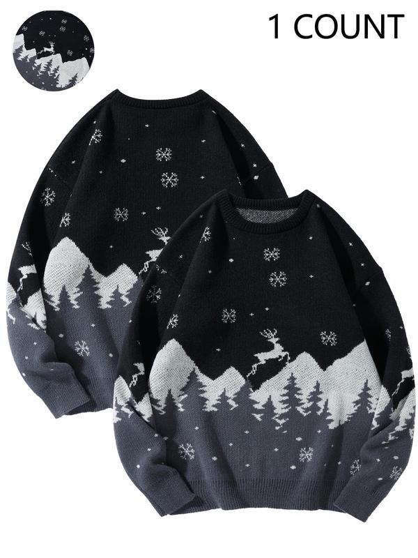 Men's Elk & Landscape Print Drop Shoulder Sweater, Loose Casual Snowflake Graphic Long Sleeve Round Neck Jumper for Fall & Winter, Men's Knitwear for Daily Wear