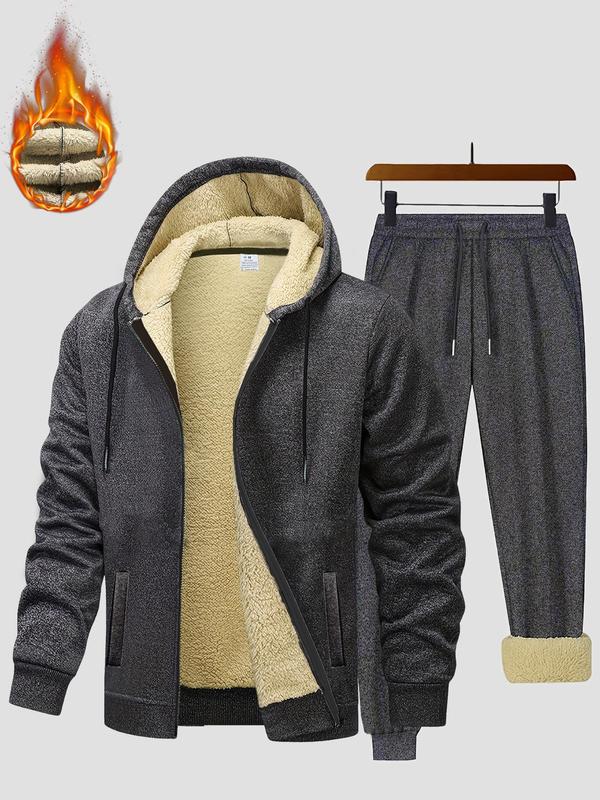 Two-piece Set Men's Solid Zip Up Fleece Lined Hooded Jacket & Drawstring Waist Sweatpants, Regular Fit Casual Long Sleeve Outerwear & Elastic Waist Trousers for Fall & Winter, Men's Clothes for Daily Wear