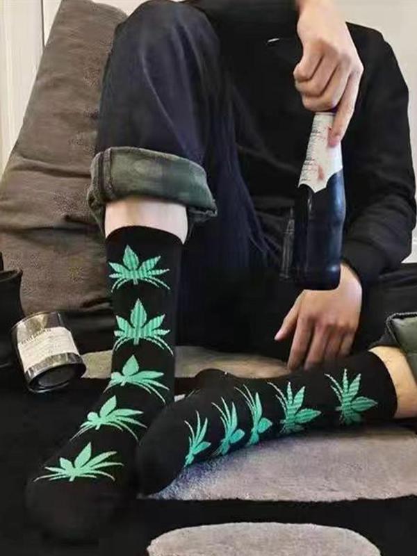 Unisex's Leaf Print Crew Socks, Casual Comfy Breathable Mid-calf Socks for Daily Wear, Unisex's Socks for All Seasons