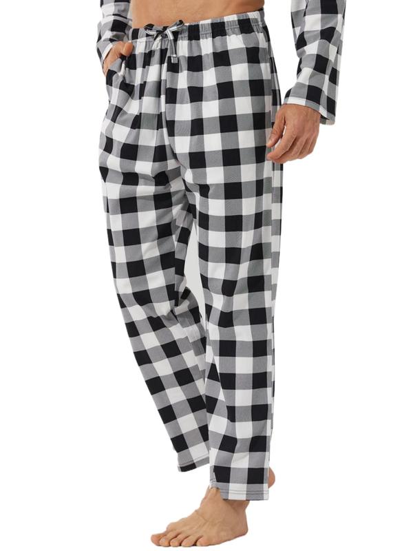 Men's Plaid Print Tie Front Lounge Pants, Casual Comfy Pocket Design Sleep Pants for Daily Wear, Men Sleepwear for All Seasons