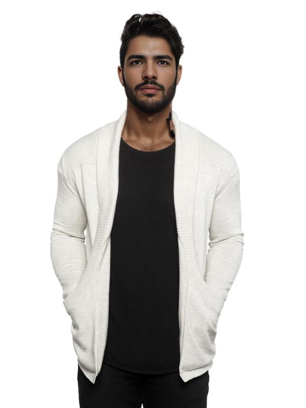 Men's Regular Fit Solid Pocket Shawl Collar Open Front Cardigan Without Tee, Casual Comfy Long Sleeve Knitwear for Fall & Winter, Men's Outerwear for Daily Wear