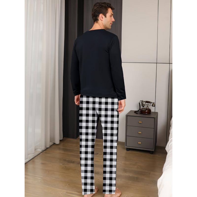 1set Men'S Casual Plaid Pajama Set - Polyester Long Sleeve Crew Neck Pullover with Slight Stretch Knit Fabric - Comfortable Regular Fit Sleepwear for Fall Winter