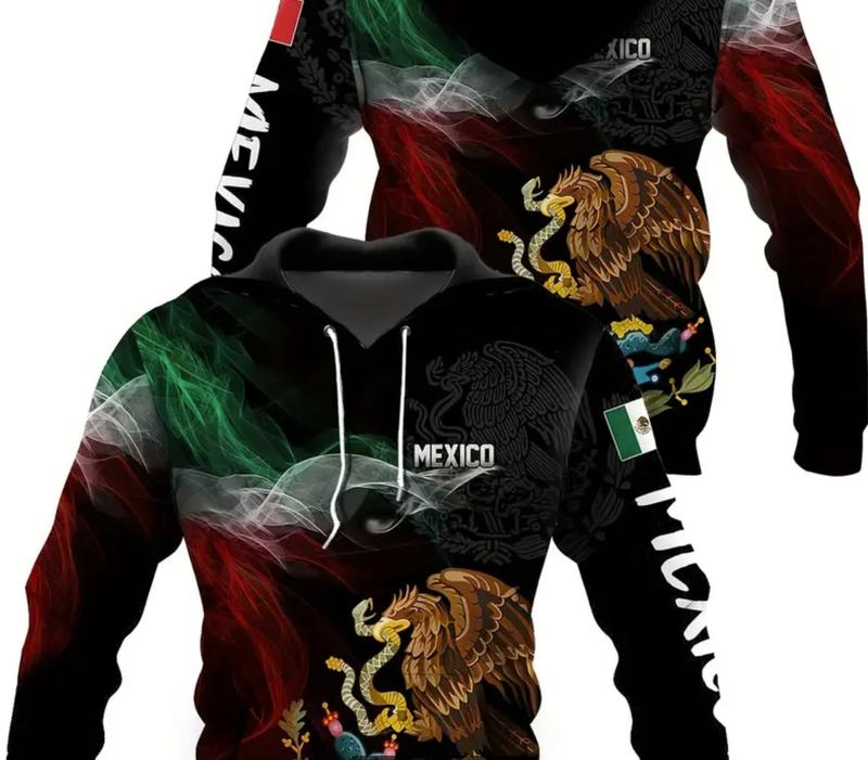 Men's Hoodies Mexico Flag Casual Graphic Menswear Pullover Polyester Fitted Comfy Black