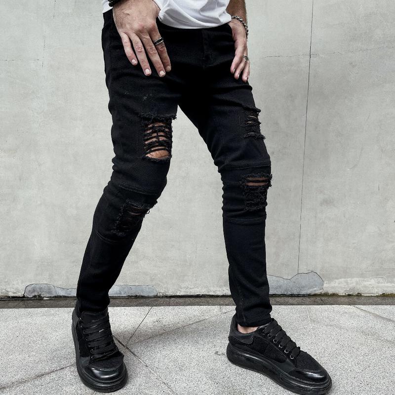 Men Stylish Ripped Stretch Skinny Biker Jeans Male HipHop Style Black Holes Pencil Denim Pants For Men's jean Trousers