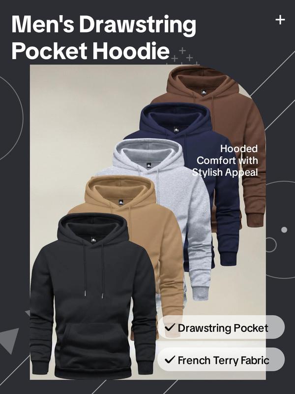 Men's Solid Color Pocket Drawstring Hoodie, Fall Outfits 2024, Casual Regular Fit Long Sleeve Hooded Sweatshirt for Spring & Fall, Men's Top for Daily Wear