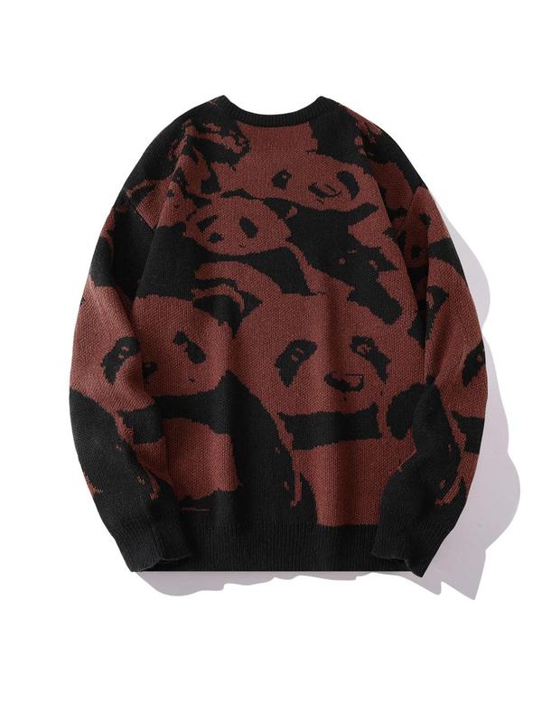 Unisex Men's Colorblock Panda Print Round Neck Sweater, Regular Fit Casual Drop Shoulder Long Sleeve Pullover, Fall Sweaters, Winter Knitwear Top for Men