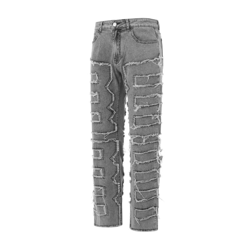 Men's Slim Fit Stretch Jeans Distressed Patchwork Stacked Frayed Straight Leg Skinny Denim Pants