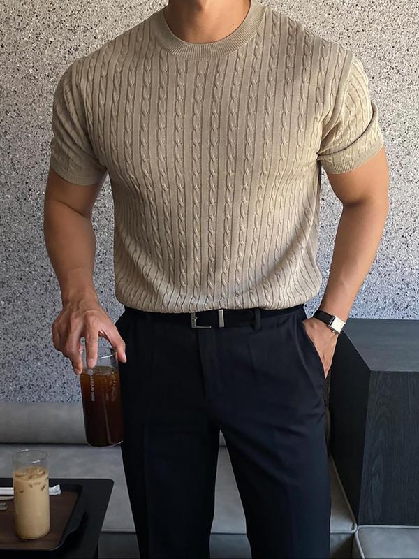 Men's Slim Textured Round Neck Cable Knit Top, Casual Short Sleeve Knitwear for Summer, Menswear Streetwear for Daily Wear