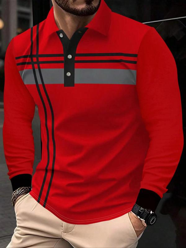 Men's Striped Print Button Front Polo Shirt, Regular Fit Casual Long Sleeve Collared Top for Spring & Fall,  Polo Shirts Men,  Fashion Men's Clothes for Daily Wear