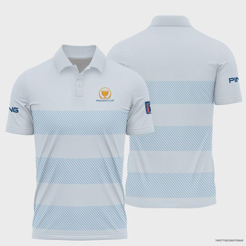 PPing Golf Polo Shirt for Men Presidents Cup Light Blue Background Line Blue Print