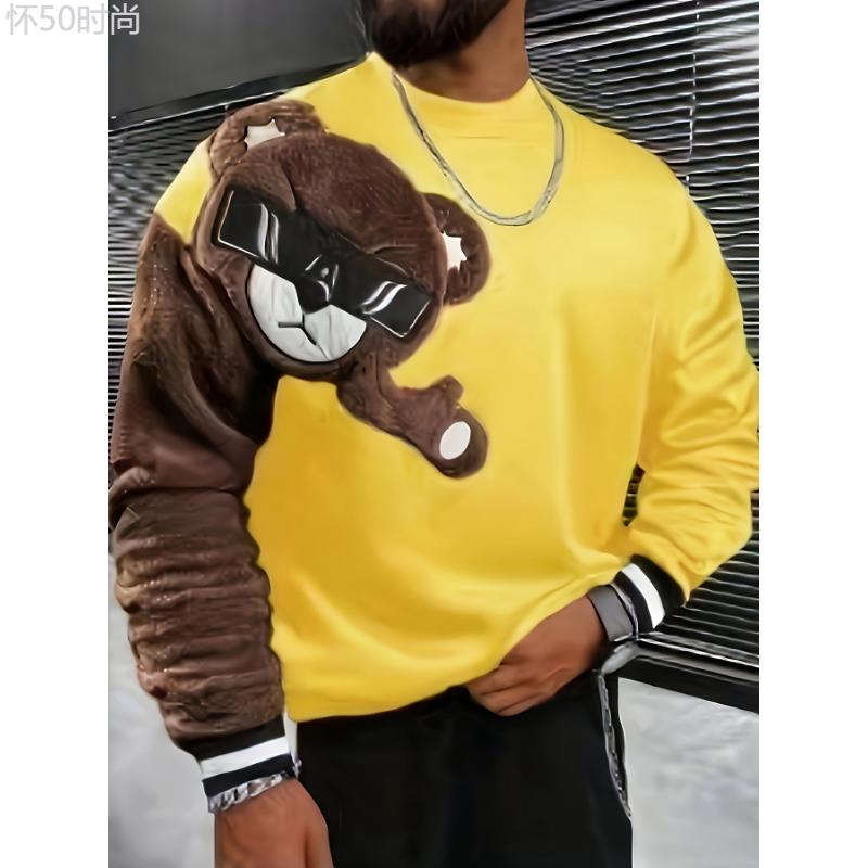 1pc Men'S Casual Cartoon Bear Embroidery Sweatshirt, Polyester Knit Pullover with Round Neck and Regular Fit Collar Fabric