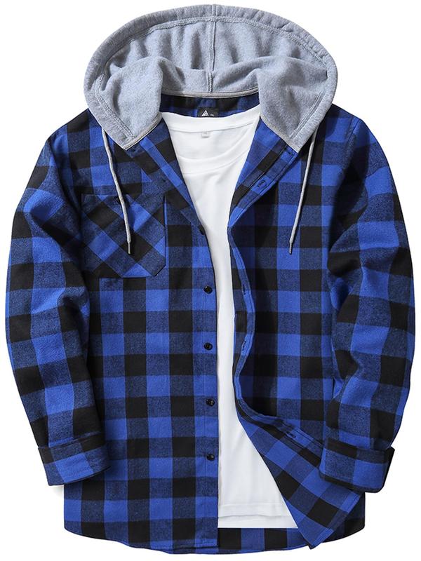  Plaid Patchwork Button Front Hooded Winter Jacket, Casual Regular Fit Long Sleeve Drawstring Pocket Outerwear for Fall & Winter, Men's Clothes for Daily Wear