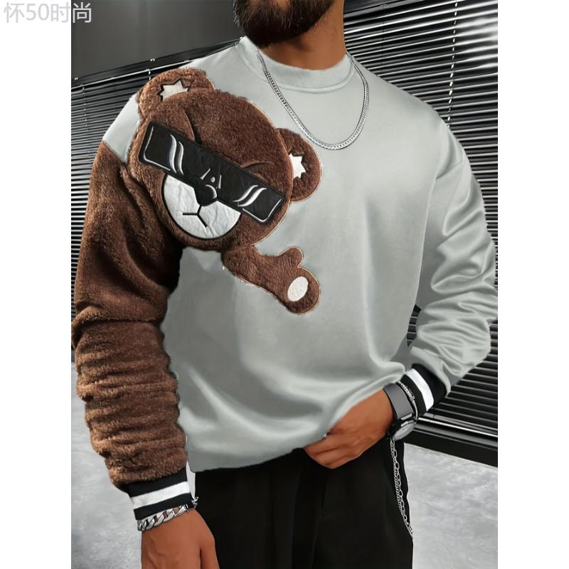 1pc Men'S Casual Cartoon Bear Embroidery Sweatshirt, Polyester Knit Pullover with Round Neck and Regular Fit Collar Fabric