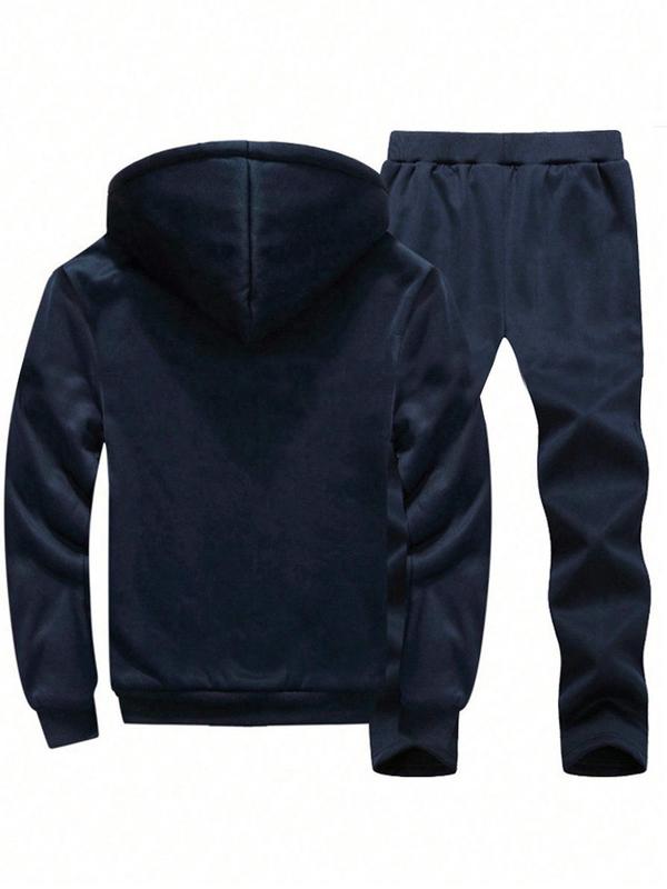 Men's Solid Thermal Lined Two-piece Set, Regular Fit Zip Up Hooded Jacket & Drawstring Waist Pants Set, Men's Casual Fall & Winter Clothes