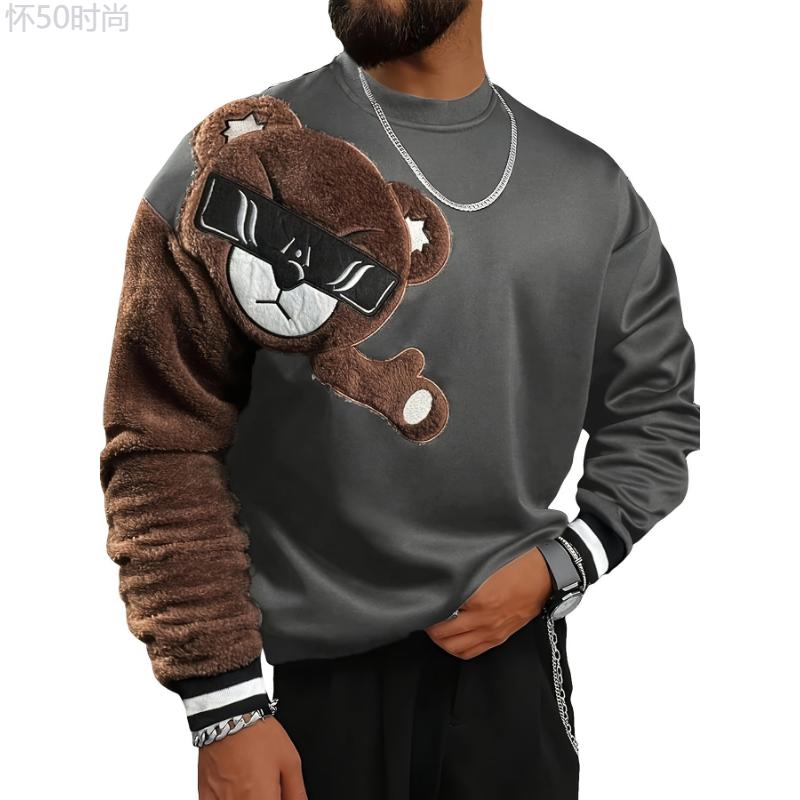 1pc Men'S Casual Cartoon Bear Embroidery Sweatshirt, Polyester Knit Pullover with Round Neck and Regular Fit Collar Fabric