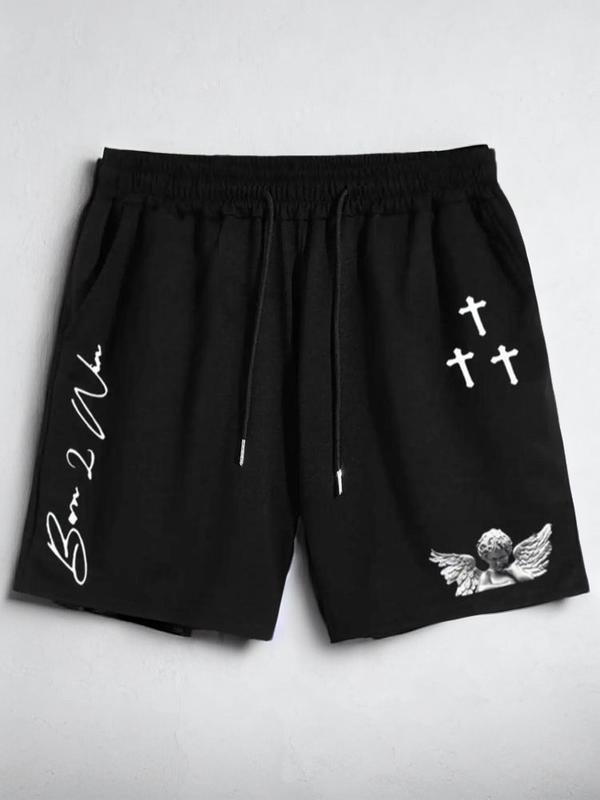 Men's Cross Letter Print Drawstring Waist Shorts, Casual Streetwear Regular Fit Pocket Straight Leg Shorts for Summer, Summer Outfits, Fashion Men's Back To School Bottoms for Daily Wear