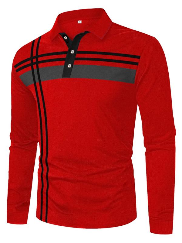 Men's Striped Print Button Front Polo Shirt, Regular Fit Casual Long Sleeve Collared Top for Spring & Fall,  Polo Shirts Men,  Fashion Men's Clothes for Daily Wear