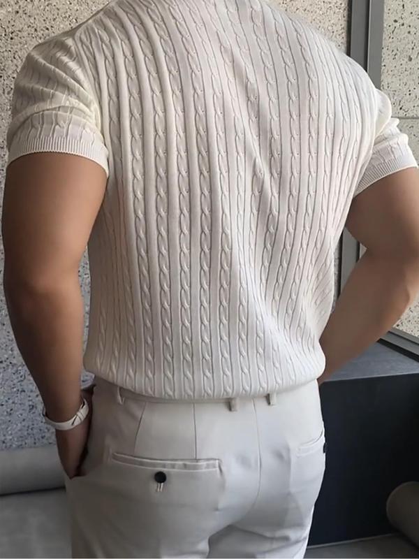 Men's Slim Textured Round Neck Cable Knit Top, Casual Short Sleeve Knitwear for Summer, Menswear Streetwear for Daily Wear