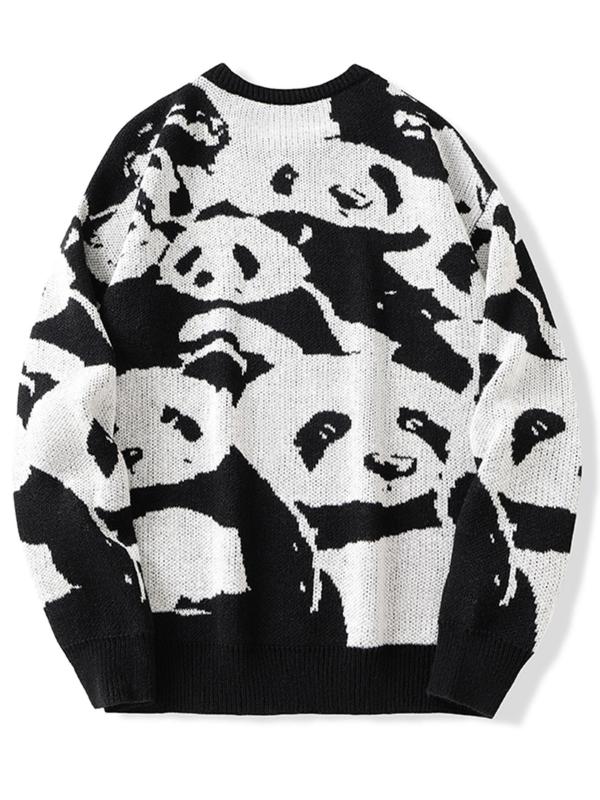 Unisex Men's Colorblock Panda Print Round Neck Sweater, Regular Fit Casual Drop Shoulder Long Sleeve Pullover, Fall Sweaters, Winter Knitwear Top for Men