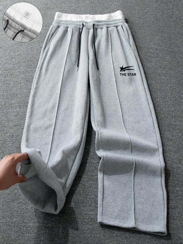 Men's Letter & Striped Print Thermal Lined Sweatpants, Regular Fit Casual Comfy Pants for Fall & Winter, Men's Trousers for Daily Wear