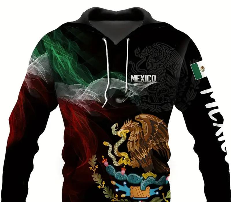 Men's Hoodies Mexico Flag Casual Graphic Menswear Pullover Polyester Fitted Comfy Black