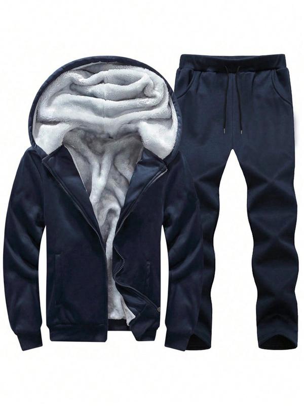 Men's Solid Thermal Lined Two-piece Set, Regular Fit Zip Up Hooded Jacket & Drawstring Waist Pants Set, Men's Casual Fall & Winter Clothes