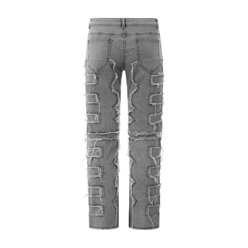 Men's Slim Fit Stretch Jeans Distressed Patchwork Stacked Frayed Straight Leg Skinny Denim Pants