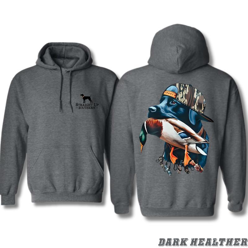 Straight Up Southern Hoodie, Bold Black Hunting Dog with Duck Graphic, Perfect for Outdoorsmen and Waterfowl Hunters, Unisex Hoodie for Adventure and Style