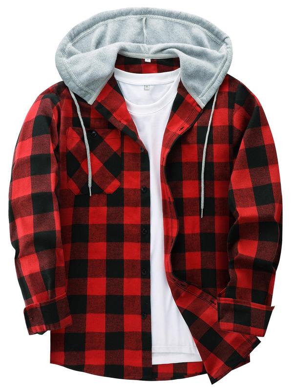  Plaid Patchwork Button Front Hooded Winter Jacket, Casual Regular Fit Long Sleeve Drawstring Pocket Outerwear for Fall & Winter, Men's Clothes for Daily Wear