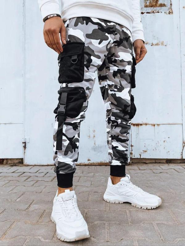 Men's Camo Print Pocket Elastic Waist Cargo Pants, Regular Fit Fashion Casual Trousers for Daily Outdoor Wear, Men's Bottoms for Fall & Winter